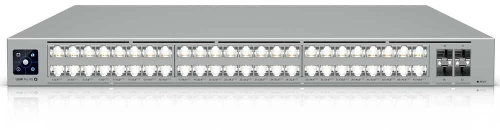 Šakotuvas Ubiquiti komutatorius UniFi 16x2.5G RJ45/32x10G RJ45/4xSFP28 valdomas PoE++ 1080W 19" montuojamas į lentyną, 1,3" jutiklinis ekranas