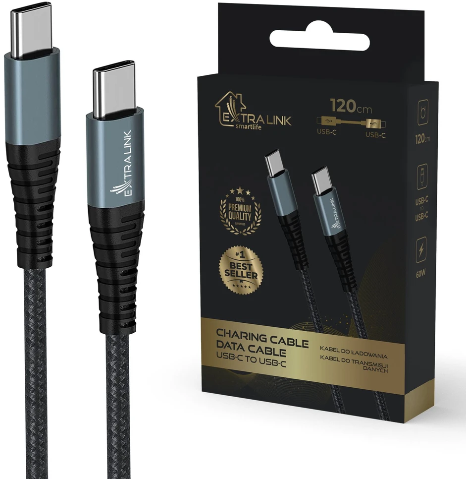 Extralink Smart Life 60W, USB-C - USB-C 120cm, PVC, 5V 2.4A/3A, pilka