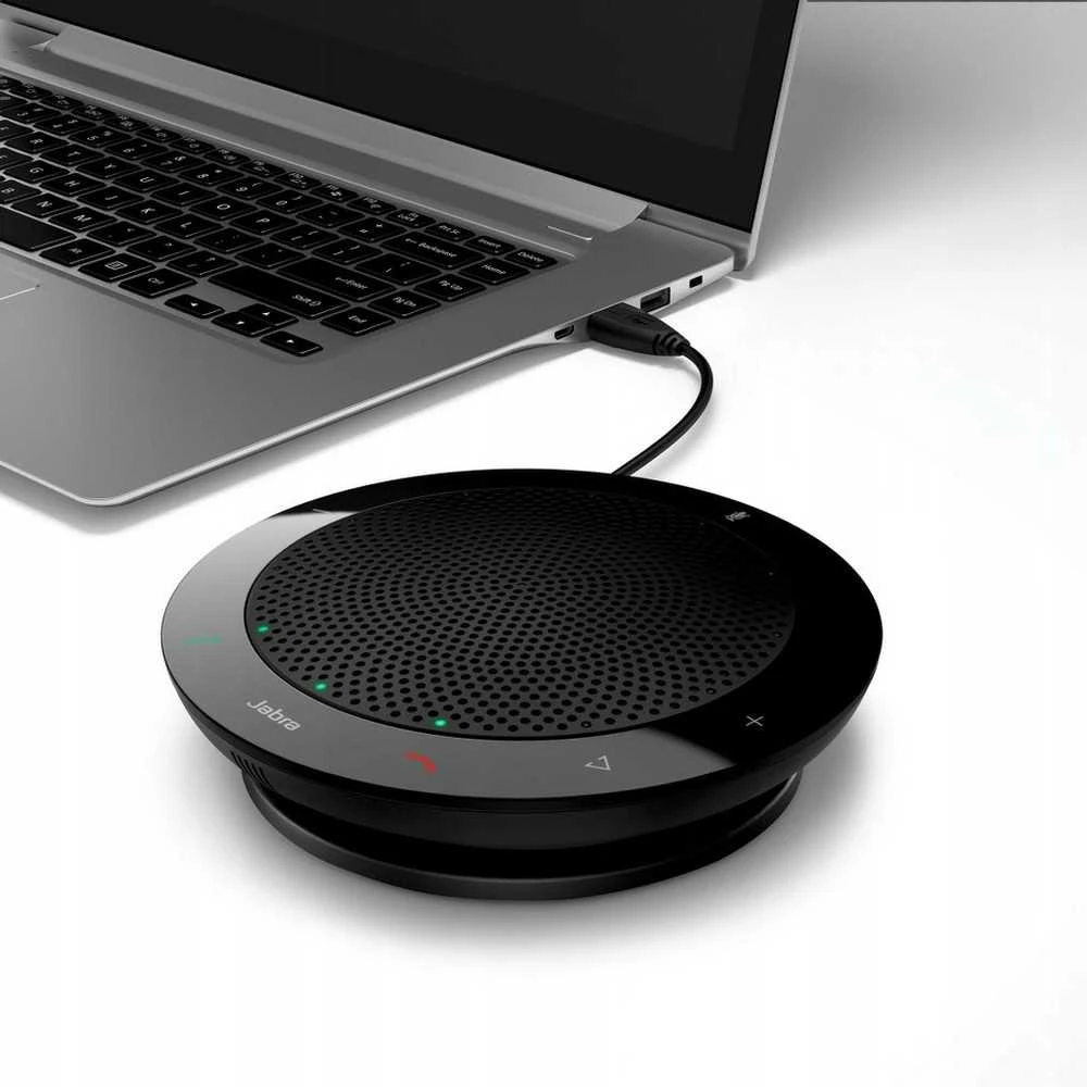 JABRA SPEAK 410 MS garsiakalbis, skirtas UC USB konferencijos sprendimui 360 laipsnių mikrofono prijungimas ir atkūrimas nutildymo ir garsumo mygtukas