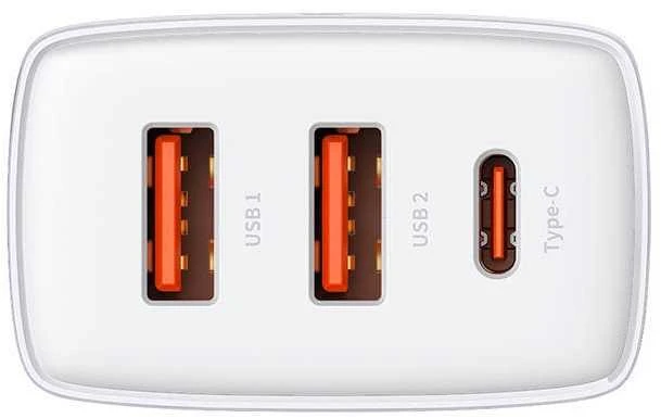 Baseus Sieninis įkroviklis 30W 2xUSB + USB-C QC3.0 PD3.0, baltas