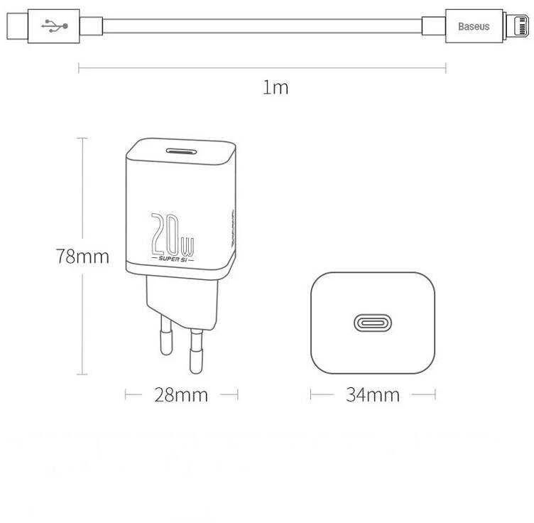 Baseus super Si Greitas įkroviklis 1C 20W su USB-C - Lightning kabeliu 1m - Juodas