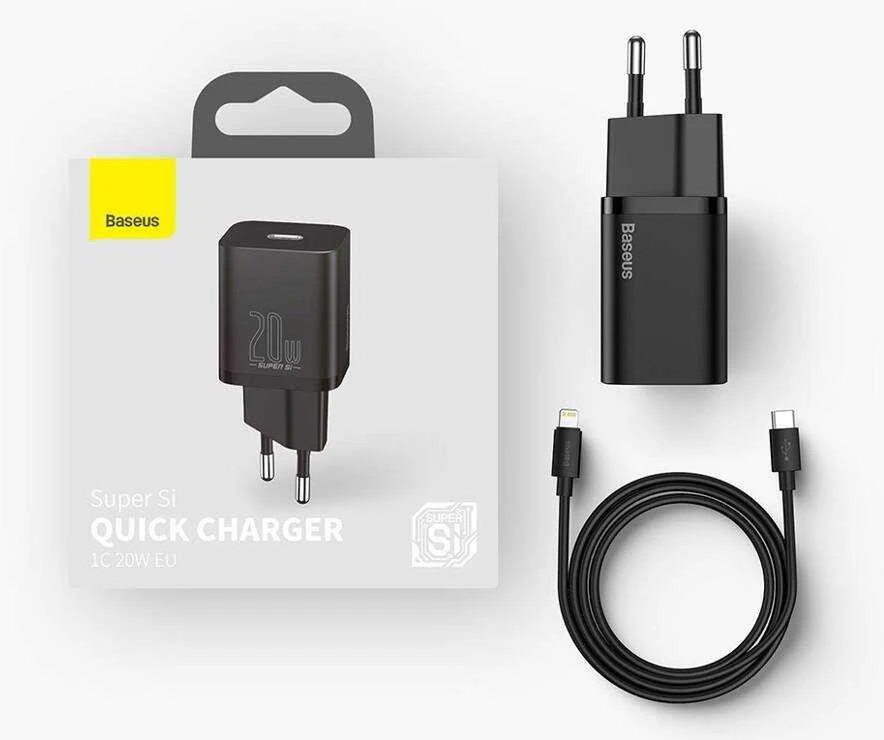 Baseus super Si Greitas įkroviklis 1C 20W su USB-C - Lightning kabeliu 1m - Juodas
