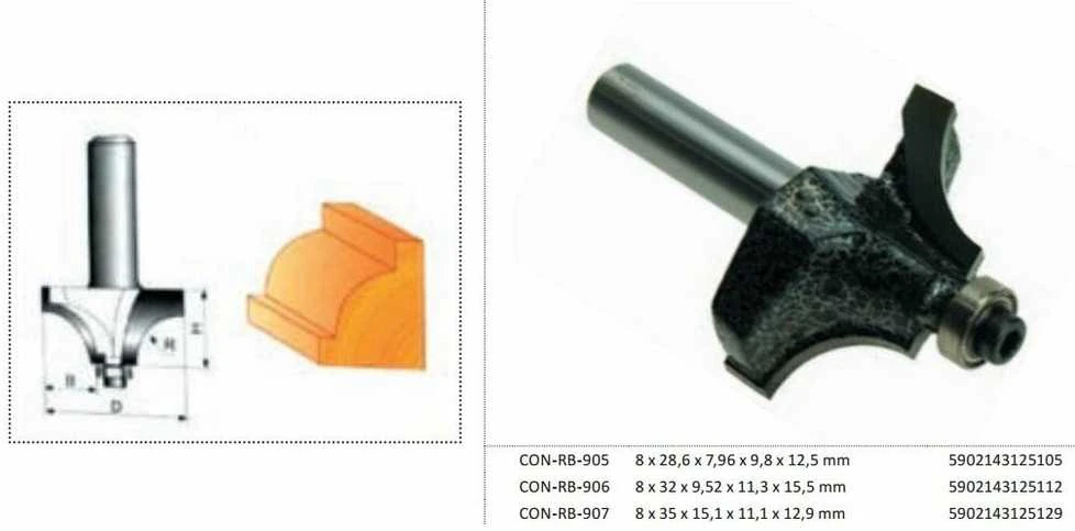CONDOR FREZ DO DREWNA, DO ZAOKRĄGLEŃ Fi32 15,5 x 11,3 x 9,52mm TRZPIEŃ 8mm Z ŁOŻYSKIEM
