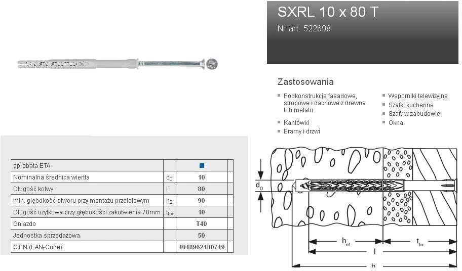 FISCHER IŠPLĖTIMO PINS SXRL 10 x 80 T40 50 vnt