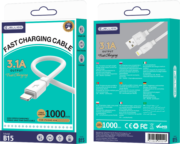 JELLICO kabelis B15 Lightning 3.1A 1M Baltas