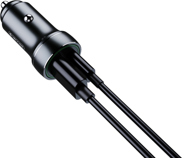 JELLICO automobilinis įkroviklis F4 PD 20W 1xUSB-C + 1xUSB QC3.0 + USB-C laidas Juodas
