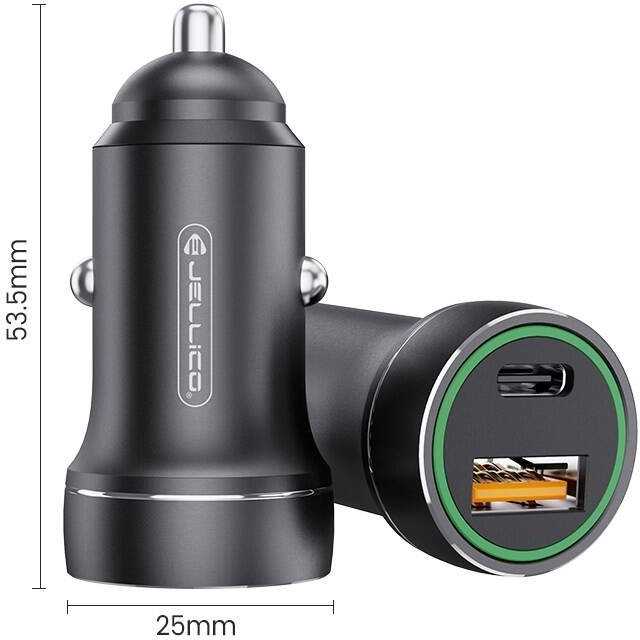 JELLICO automobilinis įkroviklis F4 PD 20W 1xUSB-C + 1xUSB QC3.0 + USB-C laidas Juodas