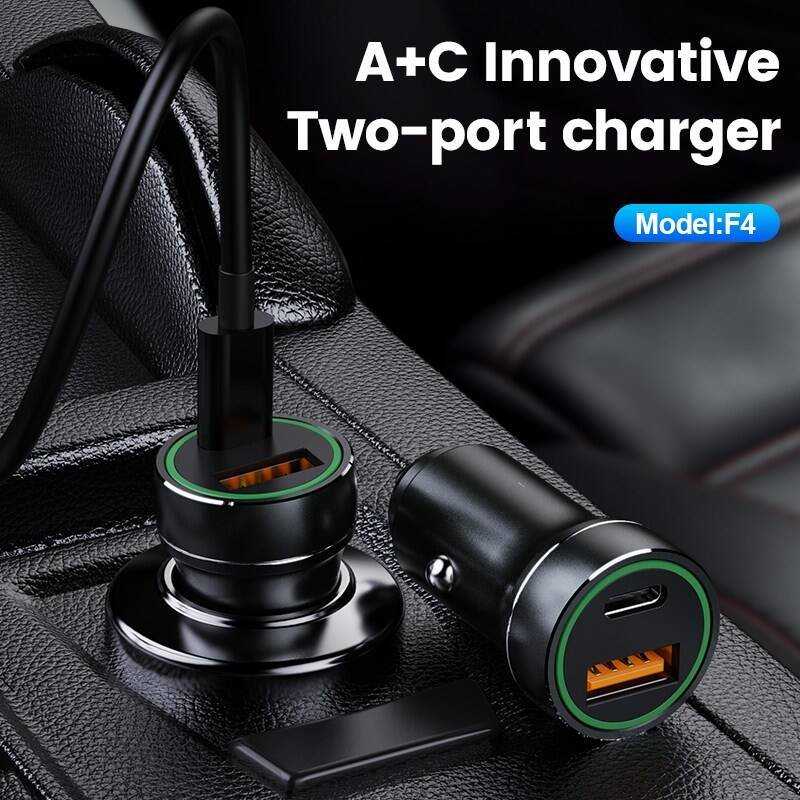 JELLICO automobilinis įkroviklis F4 PD 20W 1xUSB-C + 1xUSB QC3.0 + USB-C laidas Juodas