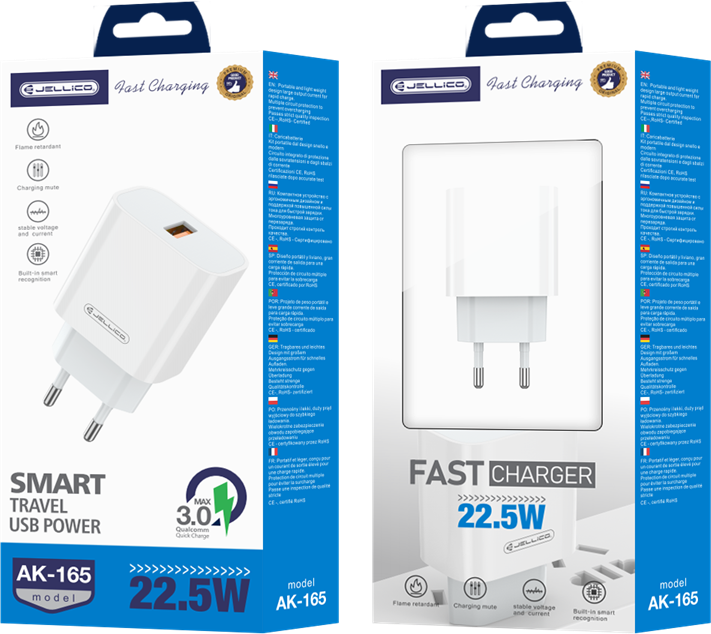 Sieninis įkroviklis 22,5W QC3.0 USB Jellico AK165 baltos spalvos