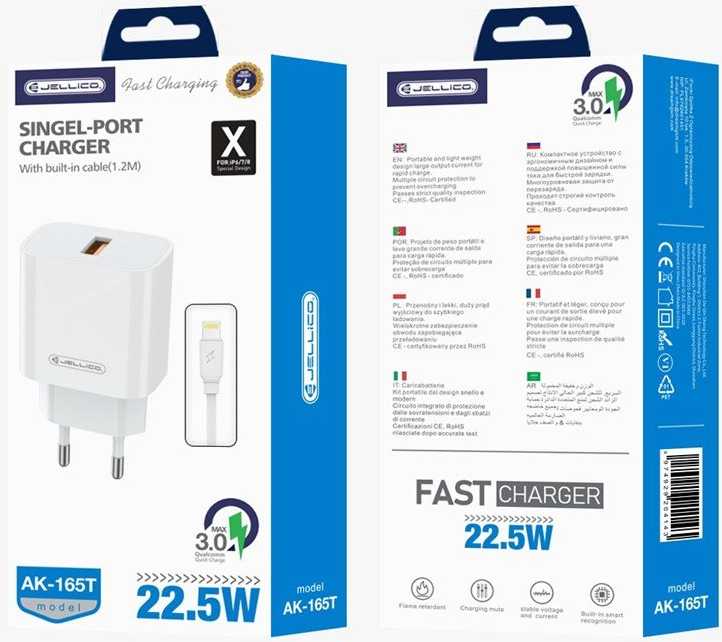 JELLICO sieninis pakrovėjas AK165 22,5W 1xUSB QC3.0 + laidas Lightning Baltas