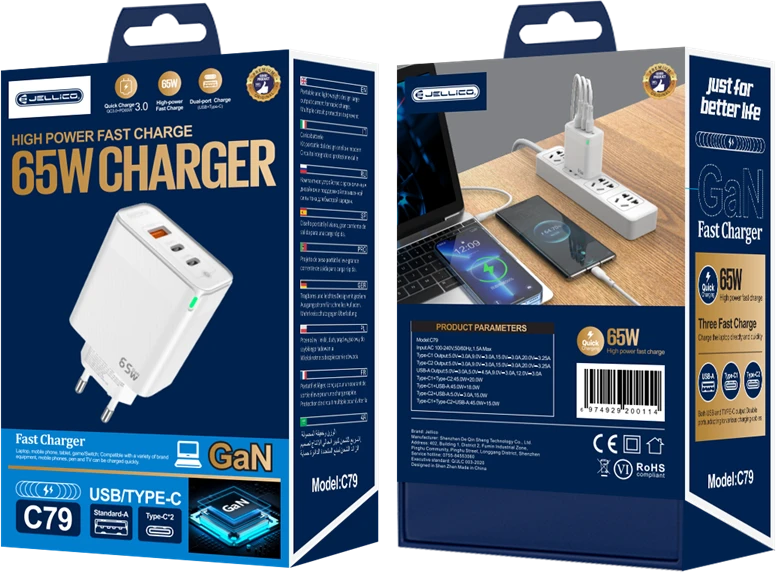 JELLICO sieninis įkroviklis C79 GaN PD 65W 2xUSB-C + 1xUSB QC3.0 Baltas