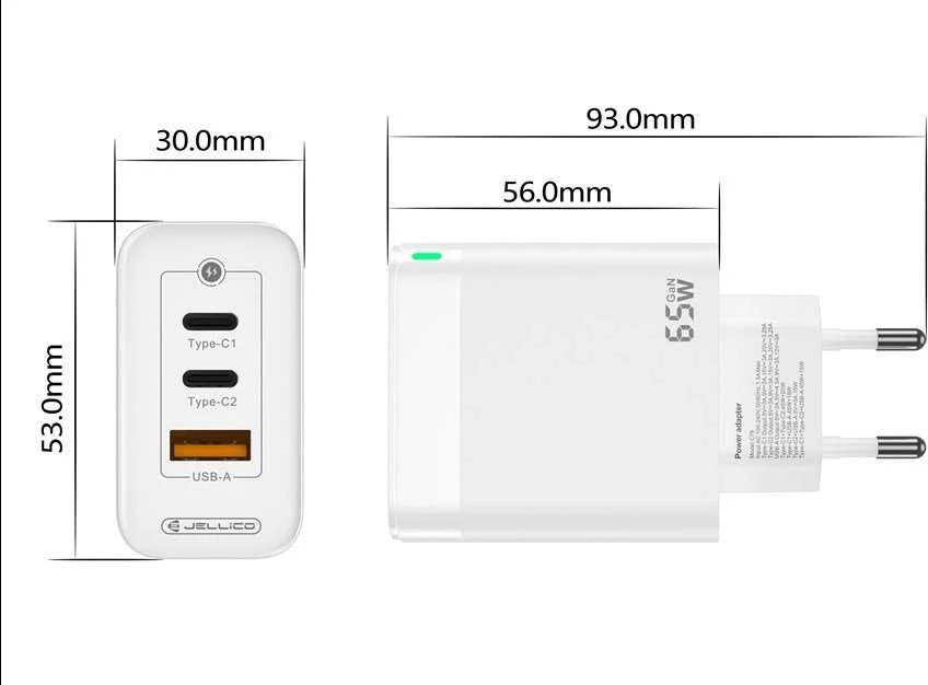 JELLICO sieninis įkroviklis C79 GaN PD 65W 2xUSB-C + 1xUSB QC3.0 Baltas