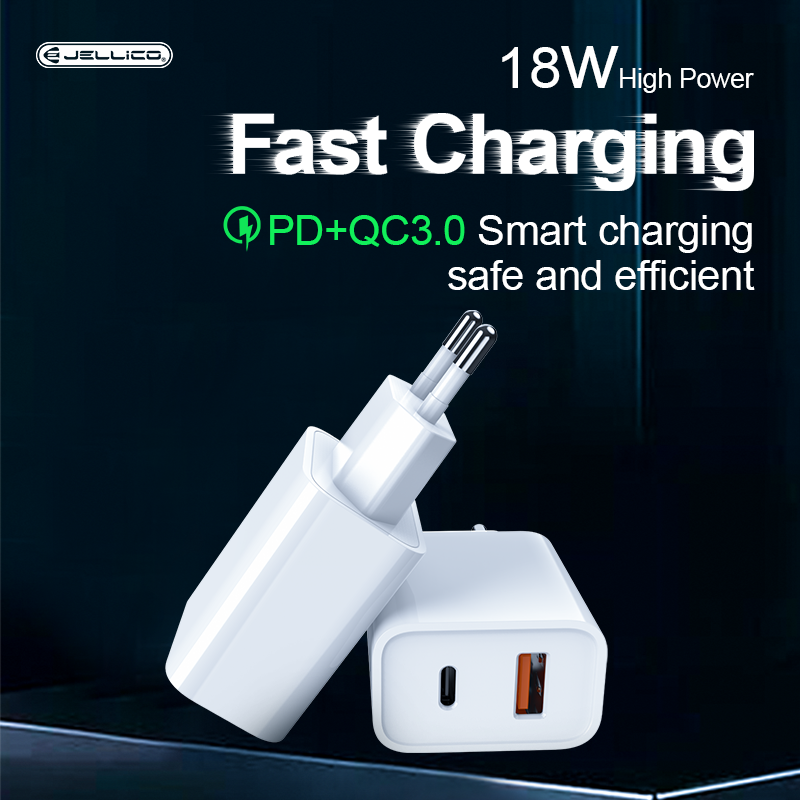JELLICO sieninis įkroviklis C9 PD 20W 1xUSB-C + 1xUSB QC3.0 Baltas