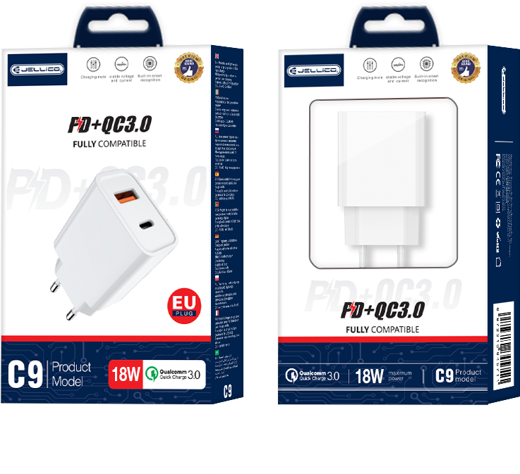 JELLICO sieninis įkroviklis C9 PD 20W 1xUSB-C + 1xUSB QC3.0 Baltas