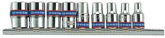 KING TONY KOMPLET NASADEK 1/4" 9 vnt. KRÓTKIE 6-KĄTNE 4 - 13mm, CHROM, NA SZYNIE