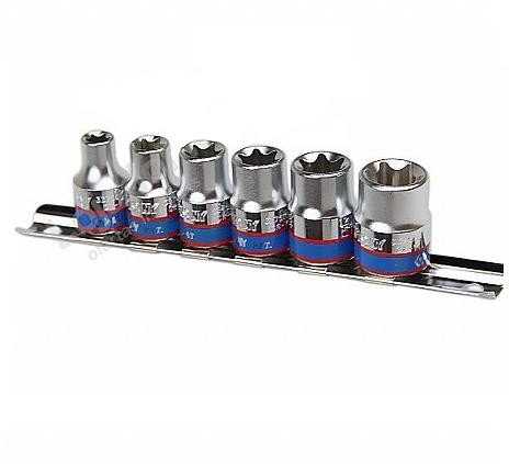 KING TONY STAR SOCETS RINKINYS / TORX 3/8" 6 vnt. SHORT E8 - E18, CHROME, ON bėgelis