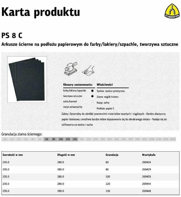 Papier KLINGSPOR ABRAZYVINIAI LAKŠTAI ANT POPIERIAUS PAGRINDO 230mm x 280mm PS8C ŠLĖGIA gr. 100 / 50 vnt.