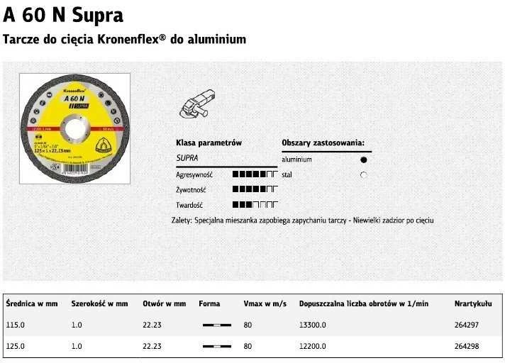 KLINGSPOR ALIUMINIO PJOVIMO DISKAS 125 mm x 1,0 mm x 22,2 mm A60N Supra