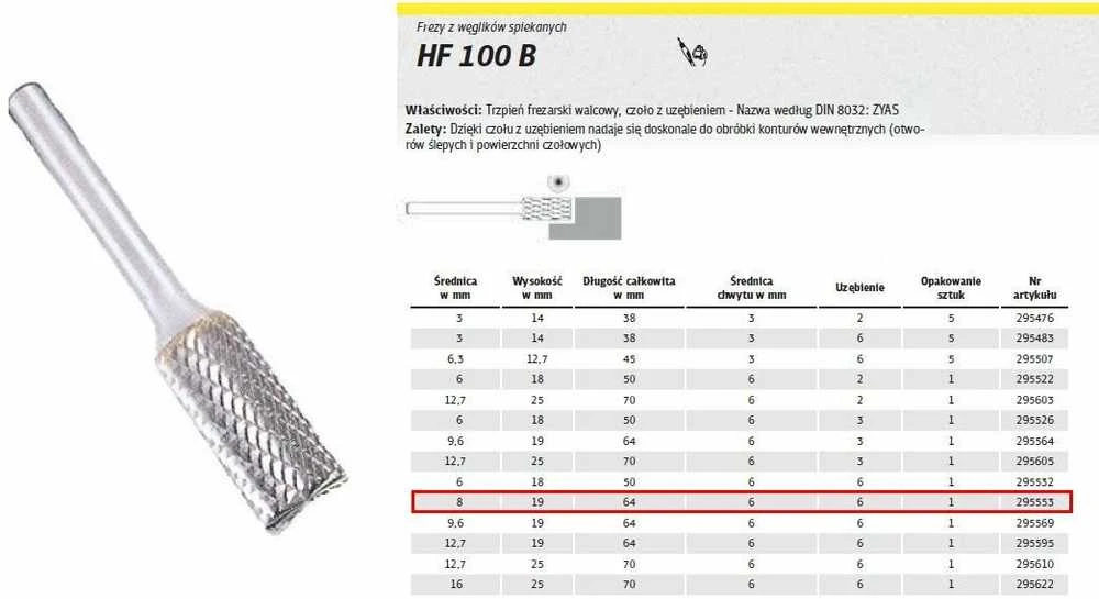 KLINGSPOR FREZ DO METALU HF 100 B FI8,0x19mm TRZPIEŃ 6mm TYP ZYAS, WALCOWY