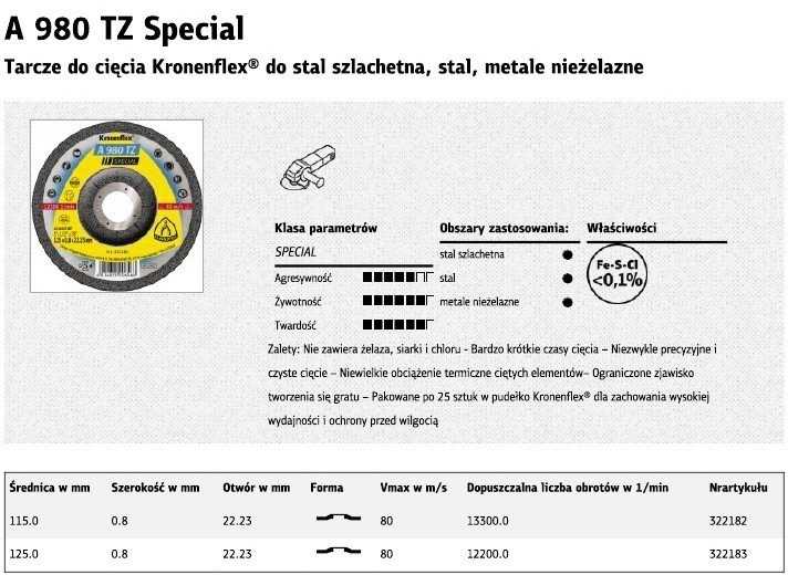 Tarcza KLINGSPOR METALO PJOVIMO DISKAI 125 mm x 0,8 mm x 22,2 mm A980 TZ Special