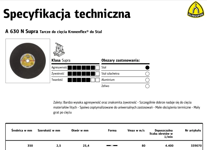 KLINGSPOR METALO PJOVIMO DISKAI 350 mm x 2,5 mm x 25,4 mm A630N Supra