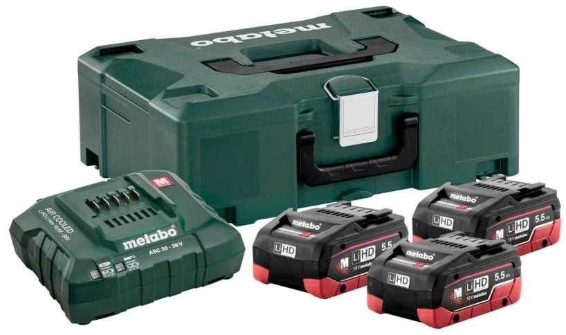 METABO AKUMULIATORIŲ RINKINYS 3 x 5,5Ah LIHD + ASC 30-36 V Įkroviklis + METALOC DĖKLAS