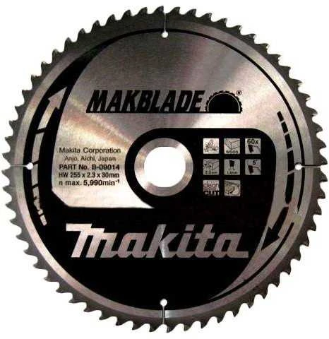 Makita T.C.T. pjūklas MAKBLADE 255X2.3X30mm 5° T32 B-08925 T.C.T • 255 x30 mm • T32 • 5° • Medienai