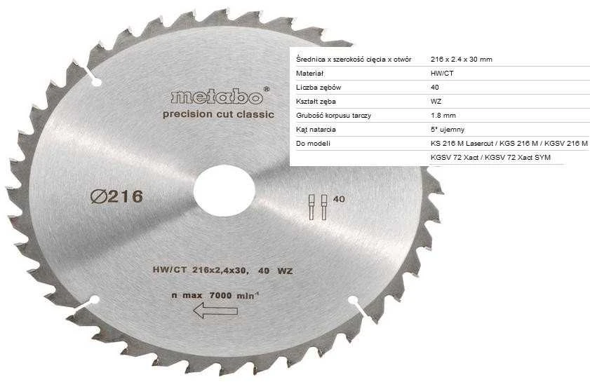 Pjovimo diskas Classic 216x2,4/1,8x30mm, z40, WZ, -5°, Metabo