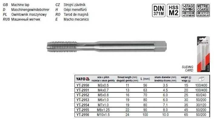 YATO Sriegiklis MASZYNOWY M5, DIN 371 HSS M2 2952