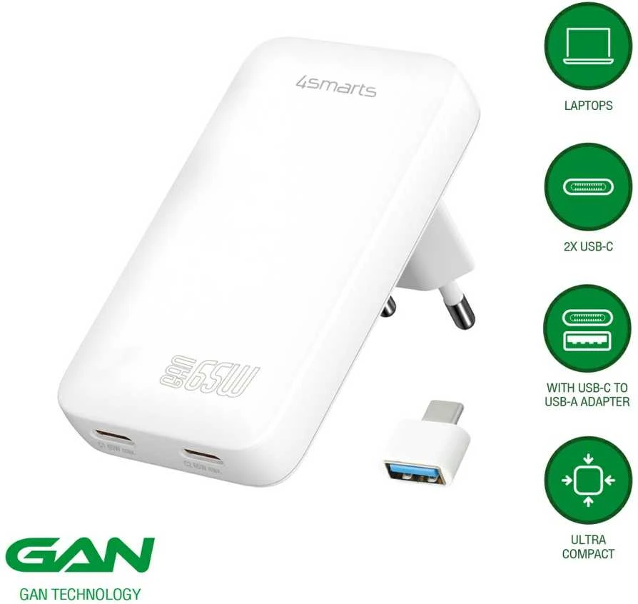 4smarts FlatPlug SlimDual 65W GaN 2xUSB-C balta