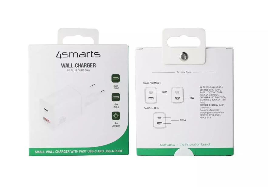 4Smarts sieninis įkroviklis PDPlug Duos 30W 1C+1A baltas (baltas)