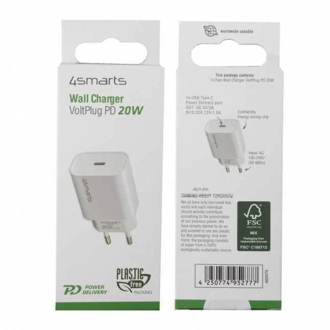 4Smarts sieninis įkroviklis (be laido) VoltPlug PD 20W, baltas