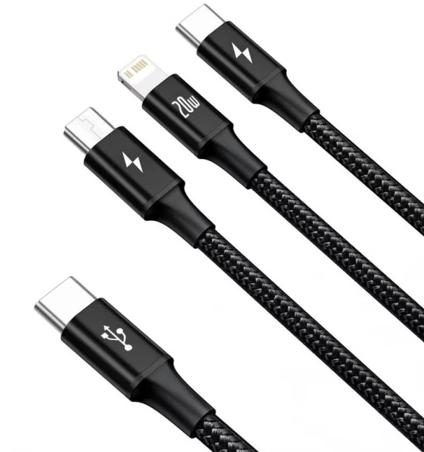 Kabelis USB C - 3 kištukai (USB C (iki 15W), micro USB (iki 10W), lightning (iki 20W)) 1.5m juodas Rapid BASEUS
