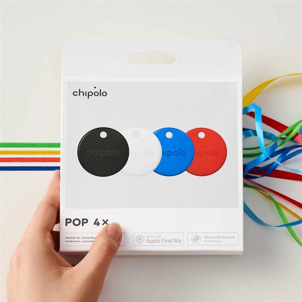 Chipolo POP – Bluetooth Tracker with Replaceable Baterija for iOS & Android, 4pack -Juodas, Baltas, Raudona, Mėlyna