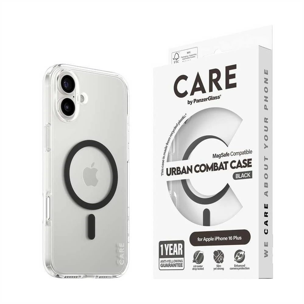 Panzer Glass CARE Flagship dėklas su Juodas MagSafe iPhone 16 Plus, skaidrus