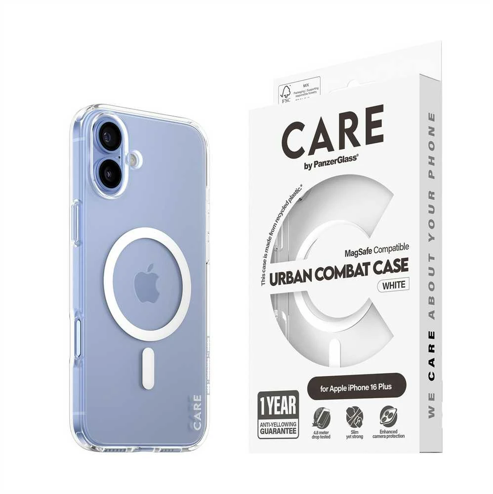 „Panzer Glass CARE“ dėklas iš „PanzerGlass“ flagmano | Nugarėlės apsauga | „Apple“ | „iPhone 16 Plus“ | Perdirbta plastikinė plėvelė | Baltas | „MagSafe“