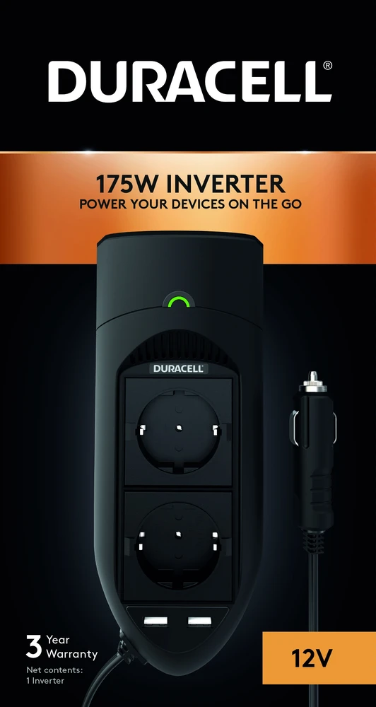 Galia – Duracell DRINV15-EU 175W Twin EU Socket Inverteris 240V AC, 2 USB prievadai