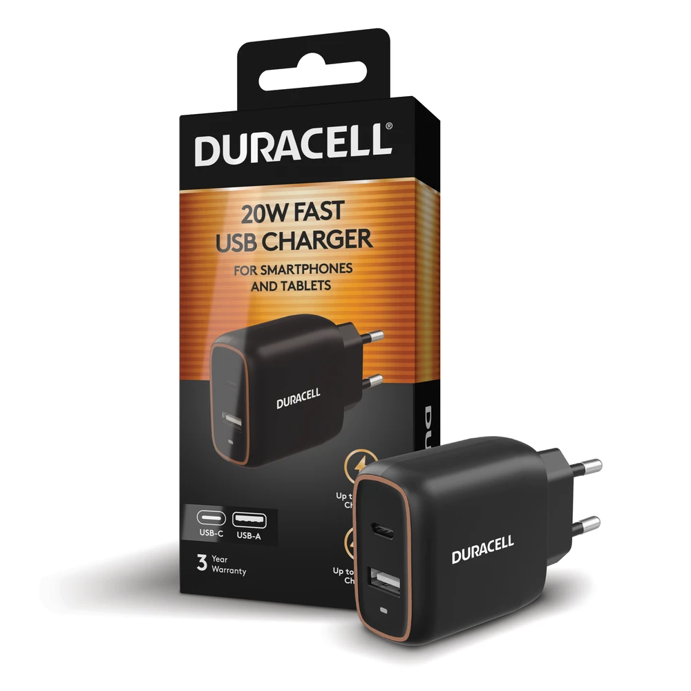 Duracell Wall Charger 20W 1x USB-C + 1x USB-A USB , EU Plug