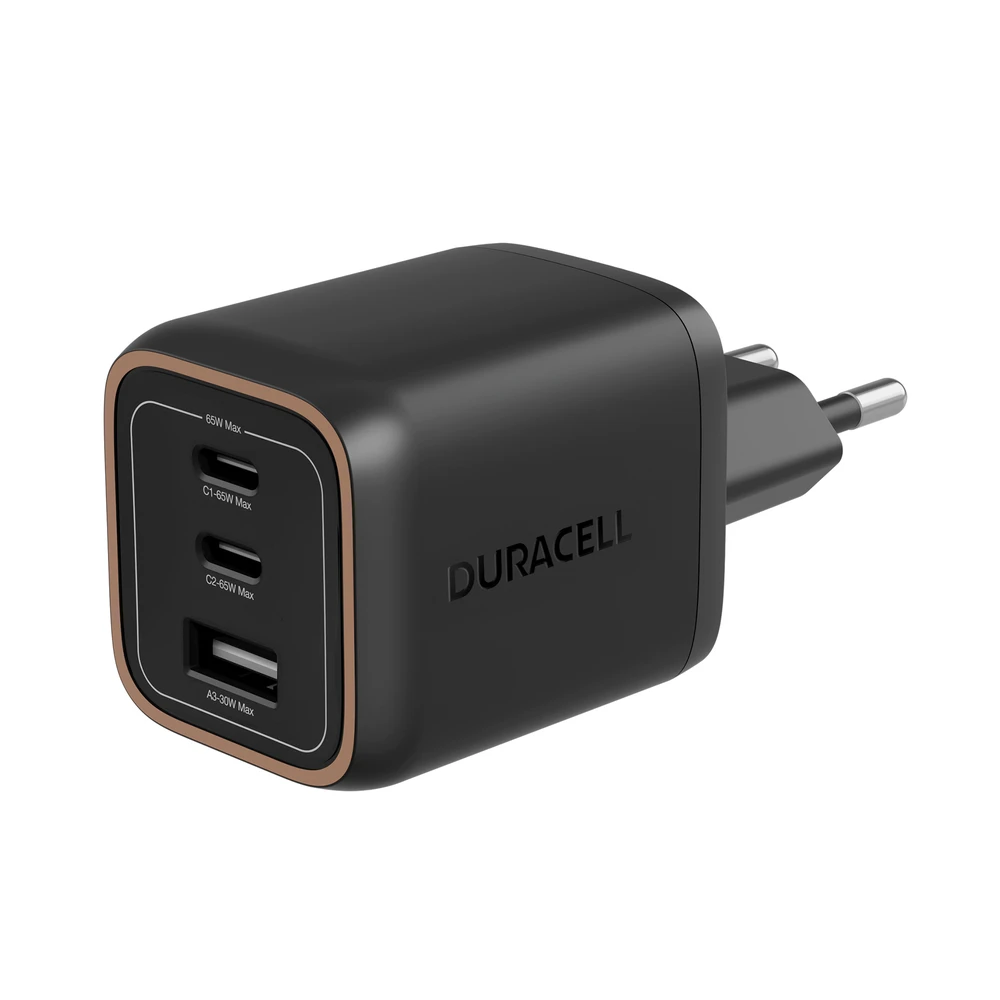 Duracell Wall Charger PD 65W GaN 2 x USB-C, 1 x USB-A EU Plug