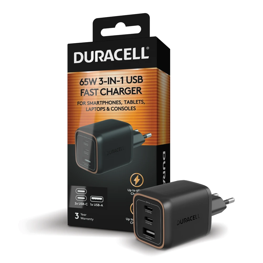 Duracell Wall Charger PD 65W GaN 2 x USB-C, 1 x USB-A EU Plug
