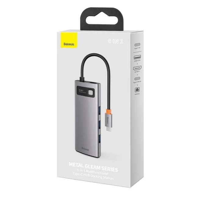 Baseus Metal Gleam serijos 6in1 šakotuvas USB-C - 3x USB 3.0 HDMI USB-C PD Ethernet RJ45