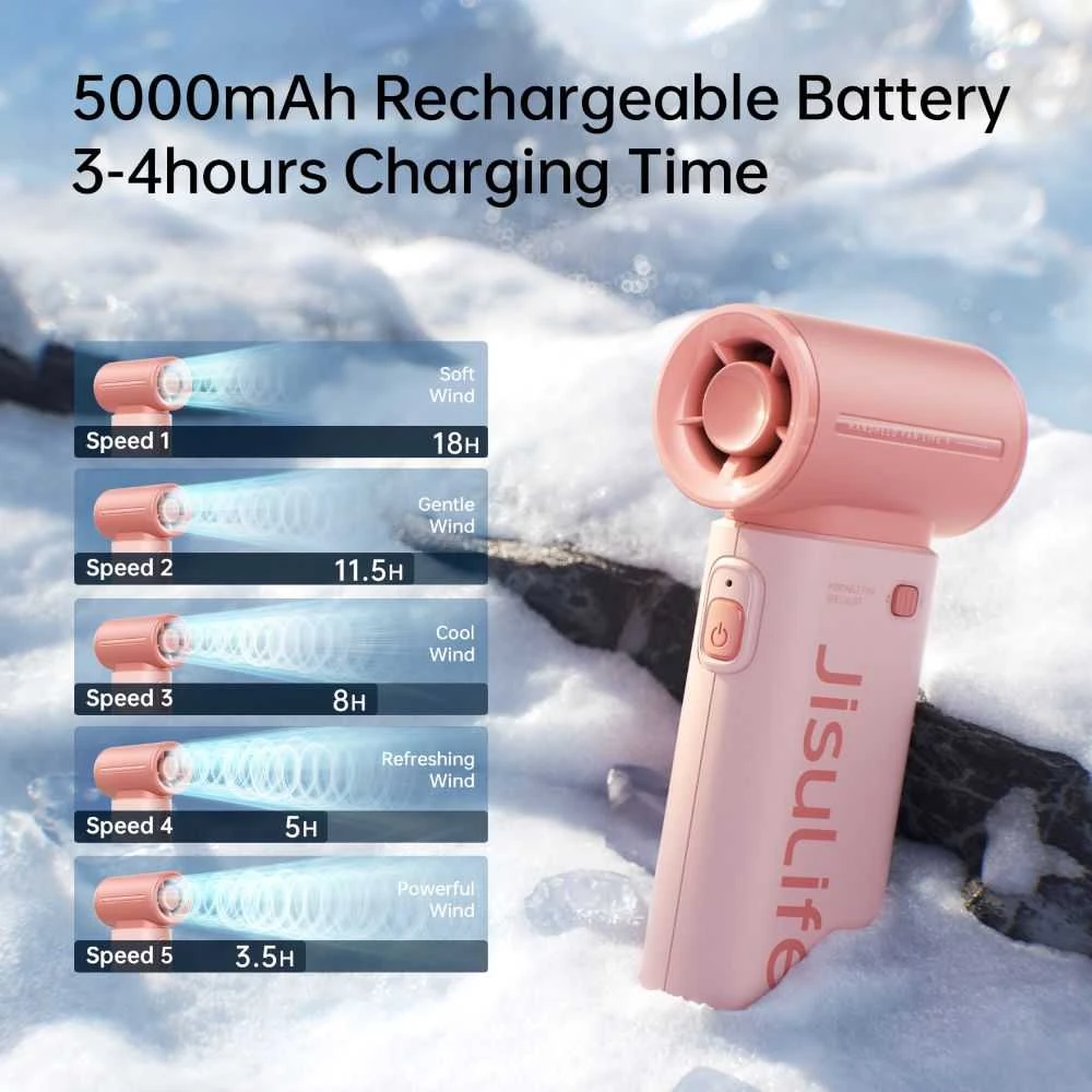 Jisulife rankinis ventiliatorius Life9 5000mAh Portable Mini Blower USB Fan – rožinės spalvos