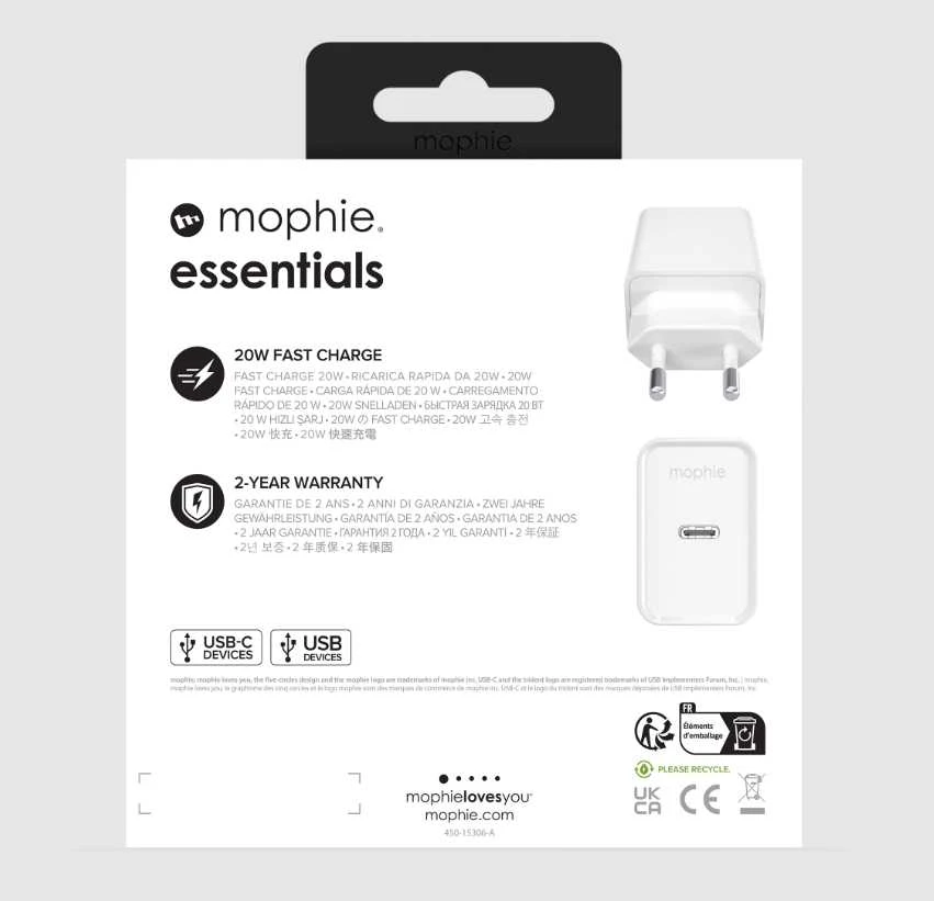 „Mophie Essentials“ USB-C 20 W PD (balta)