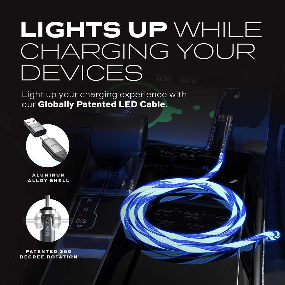 STATIK PowerPivot Pro, šviečiantis LED laidas, USB-C į USB-C, 2m, Juodas