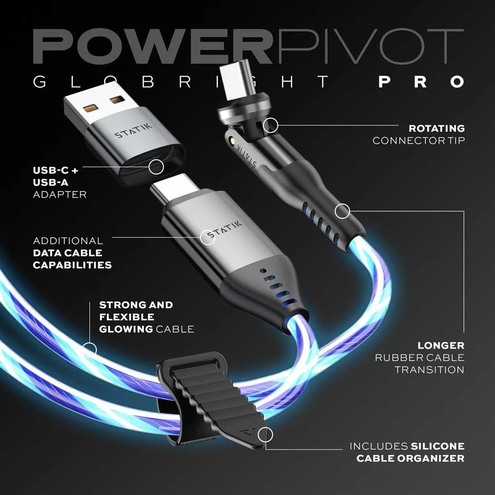 STATIK PowerPivot Pro, šviečiantis LED laidas, USB-C į USB-C, 1m, Juodas
