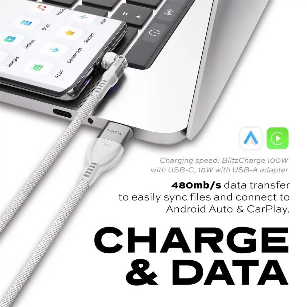 STATIK PowerPivot Pro Nylon Braided Cabel, USB-C to USB-C, 3m, Baltas