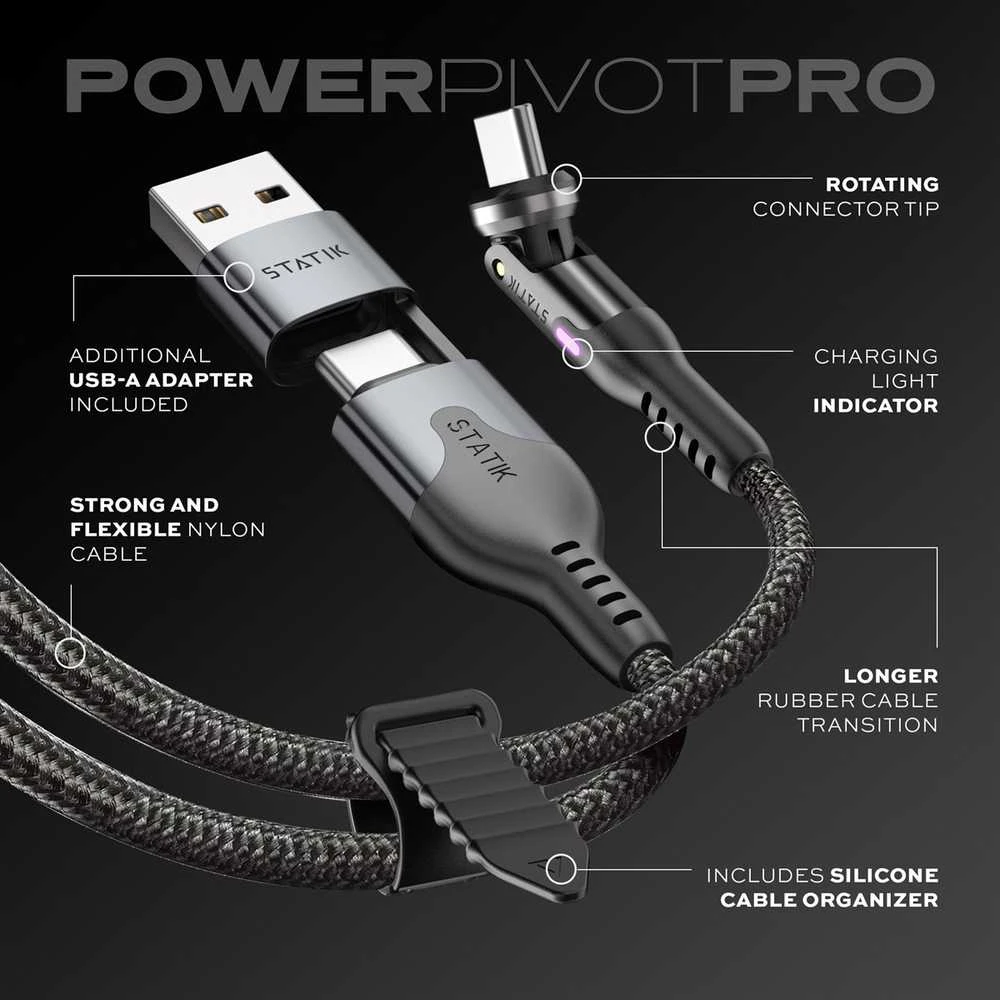 STATIK PowerPivot Pro nailono pintas kabelis, USB-C į USB-C, 3m, juodas