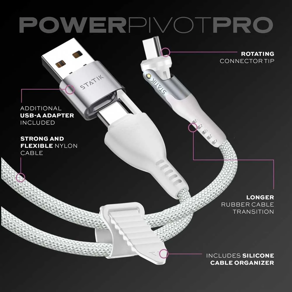 STATIK PowerPivot Pro nailono pintas kabelis, USB-C į USB-C, 1m, Baltas