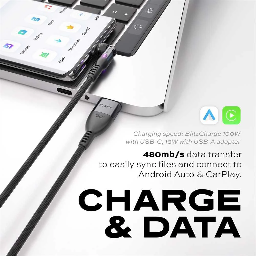 STATIK PowerPivot Pro nailono pintas kabelis, USB-C į USB-C, 2m, juodas