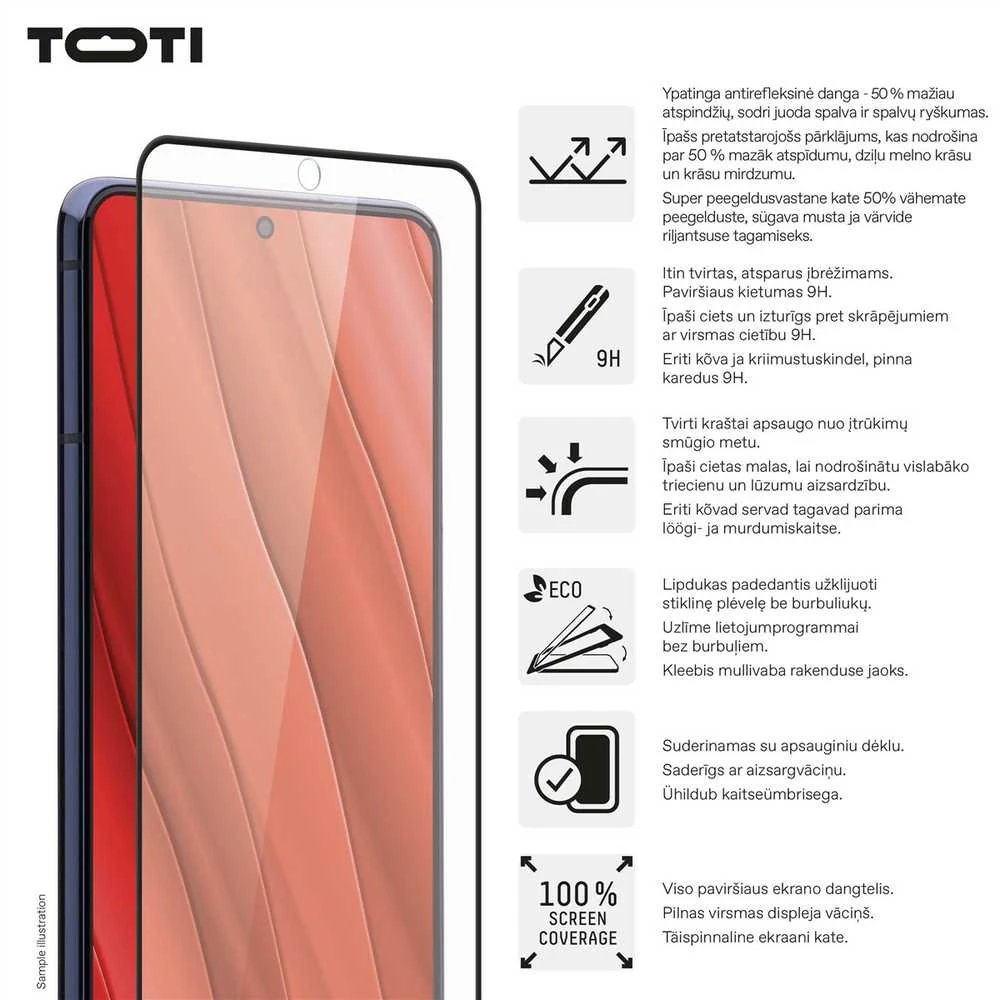 „Toti Premium PREMIUM“ grūdinto stiklo 3D ekrano apsauga, skirta „Samsung Galaxy S25 Ultra“.